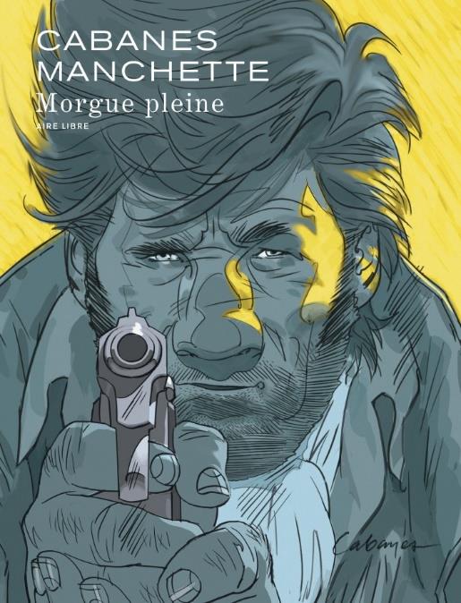 Couverture BD : détective braquant un revolver face au lecteur, dessin noir polar en tons jaune et gris-vert