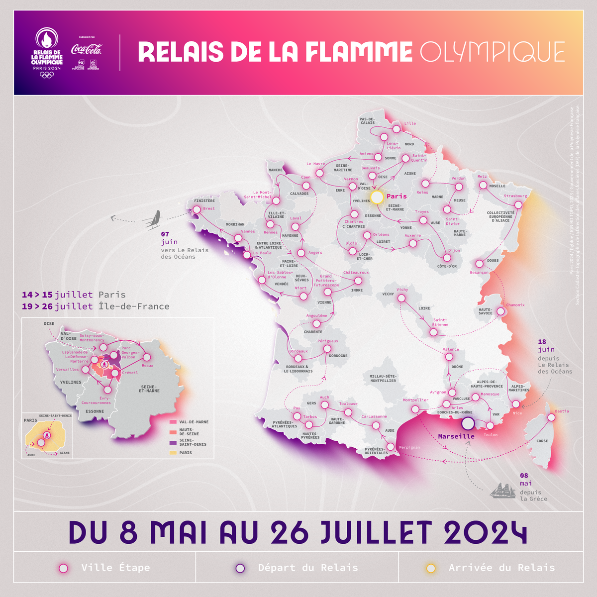 Carte des villes étapes du relais de la flamme olympique Paris 2024, du 8 mai au 26 juillet 2024