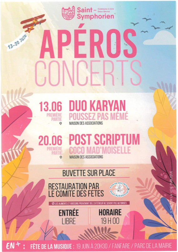 Affiche des Apéros Concerts de Saint-Symphorien, 13 et 20 juin - Agrandir l'image, fenêtre modale